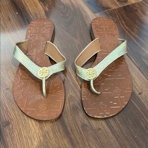 Tory Burch Gold and Brown Sandals with Thong Design